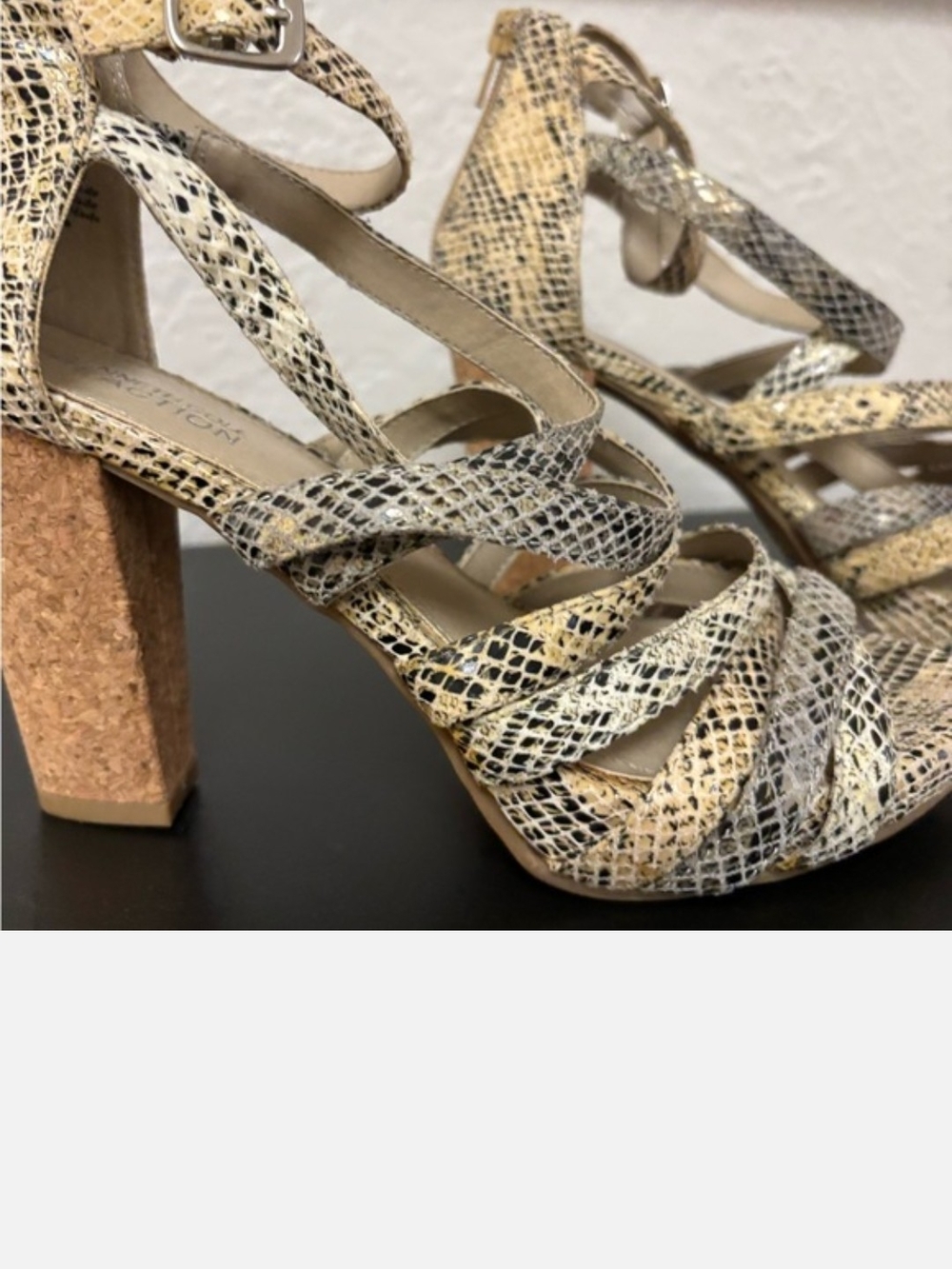 Kenneth Cole Reaction Snake-Print Cork Block Heel Sandals - Beige/Black